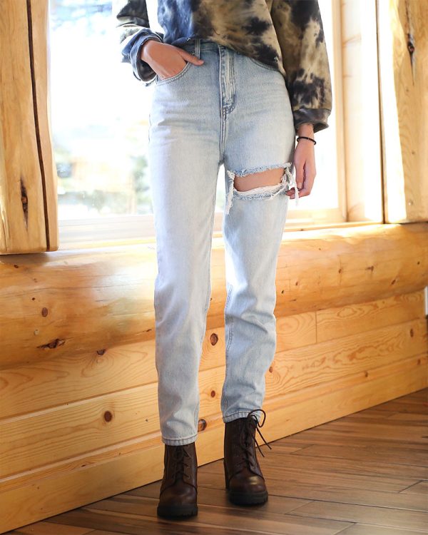 Ckoey High Waisted Distressed Mom Jeans in Denim