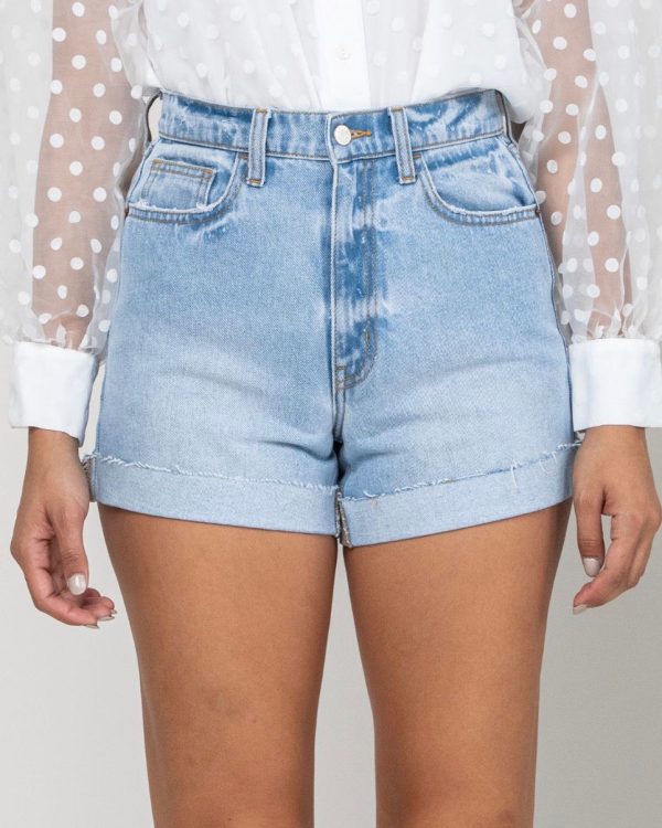 Ckoey High Rise Single Cuff Mom Shorts in Light Denim